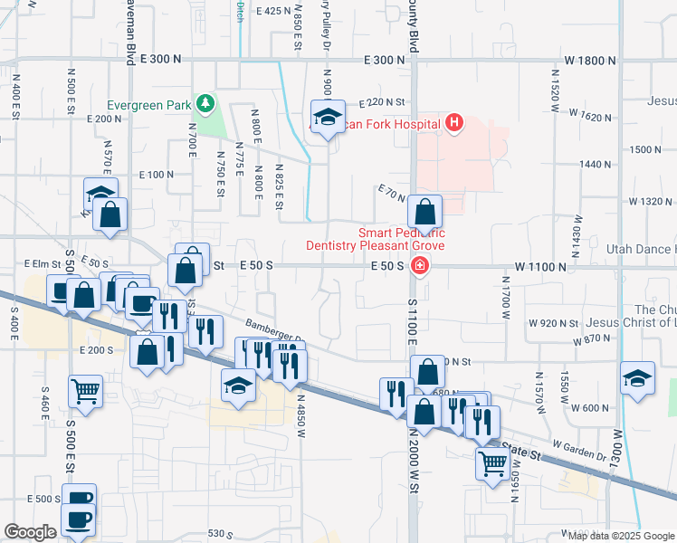 map of restaurants, bars, coffee shops, grocery stores, and more near 55 930 East in American Fork
