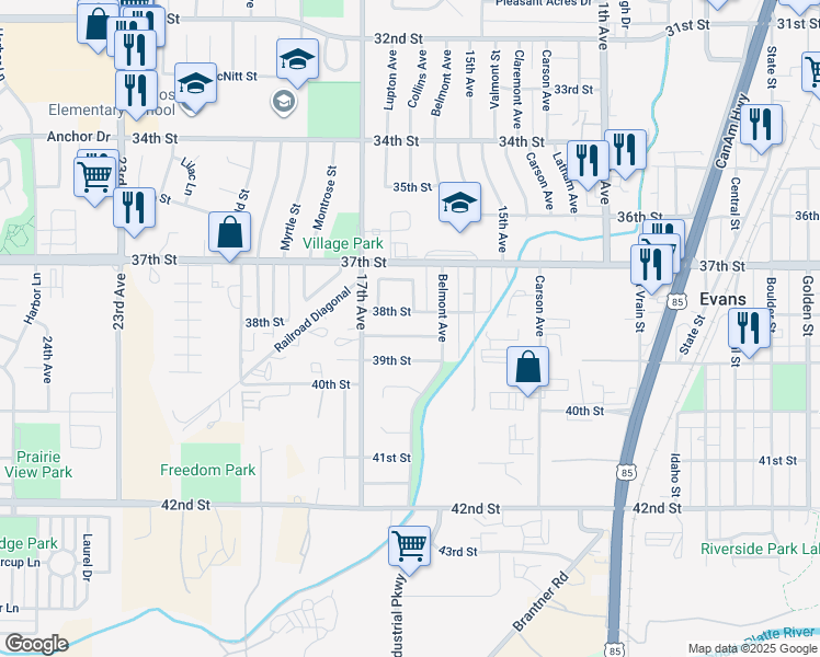 map of restaurants, bars, coffee shops, grocery stores, and more near 1601 38th Street Rd in Evans
