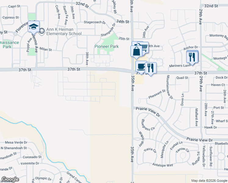 map of restaurants, bars, coffee shops, grocery stores, and more near 3600 Kenai Street in Evans