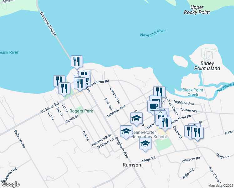 map of restaurants, bars, coffee shops, grocery stores, and more near 25 Lennox Avenue in Rumson