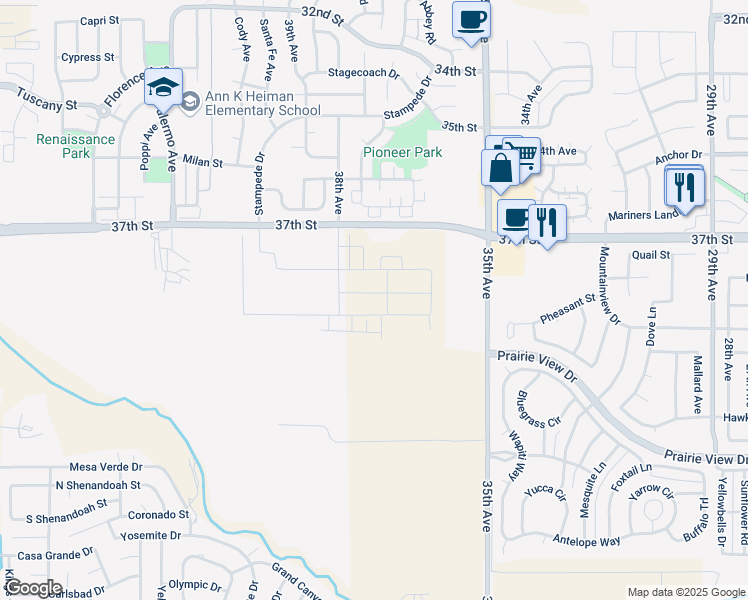map of restaurants, bars, coffee shops, grocery stores, and more near 3708 Kenai Street in Evans