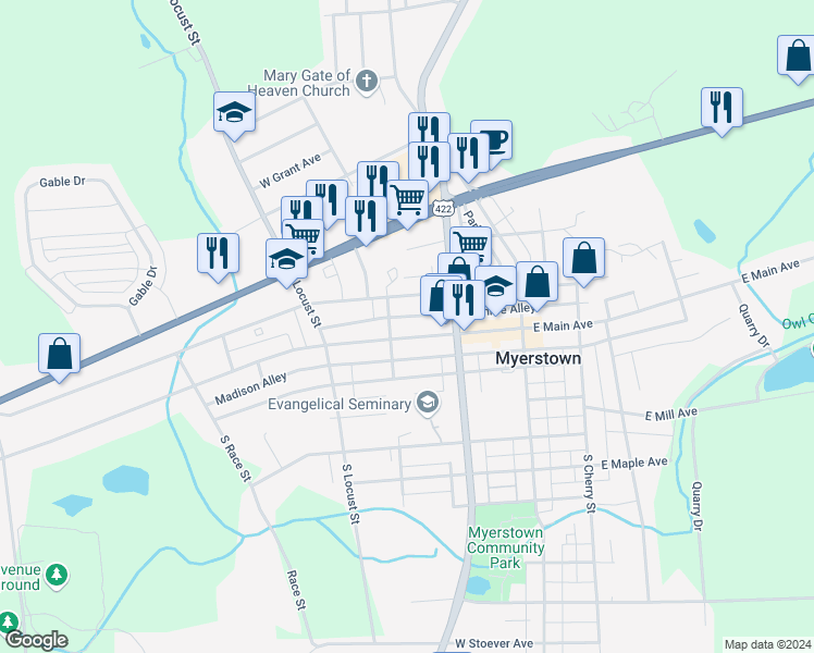 map of restaurants, bars, coffee shops, grocery stores, and more near 143 West Main Avenue in Myerstown