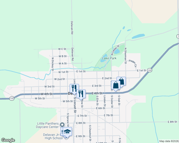 map of restaurants, bars, coffee shops, grocery stores, and more near 385 East 1st Street in Delavan