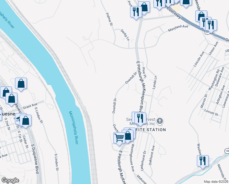 map of restaurants, bars, coffee shops, grocery stores, and more near 659 Overhill Dr in North Versailles