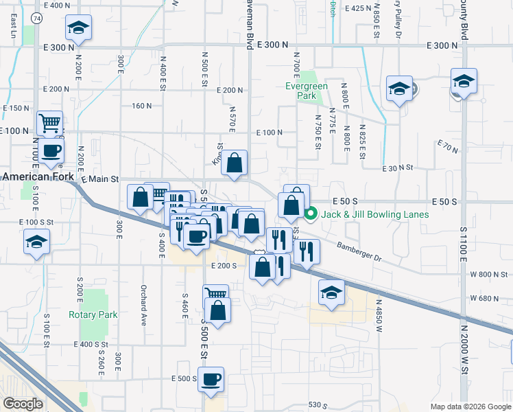map of restaurants, bars, coffee shops, grocery stores, and more near 53 South 640 East in American Fork