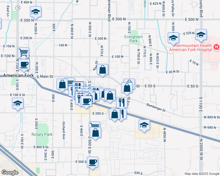map of restaurants, bars, coffee shops, grocery stores, and more near 591 East 60 South in American Fork