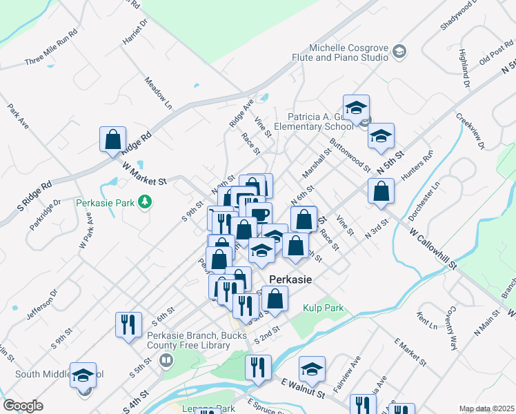 map of restaurants, bars, coffee shops, grocery stores, and more near 615 Arch Street in Perkasie