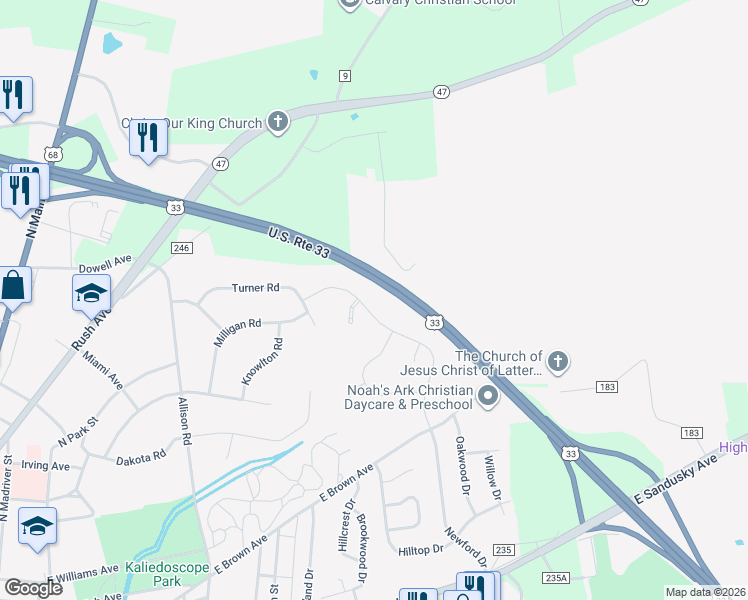 map of restaurants, bars, coffee shops, grocery stores, and more near U.S. 33 in Bellefontaine