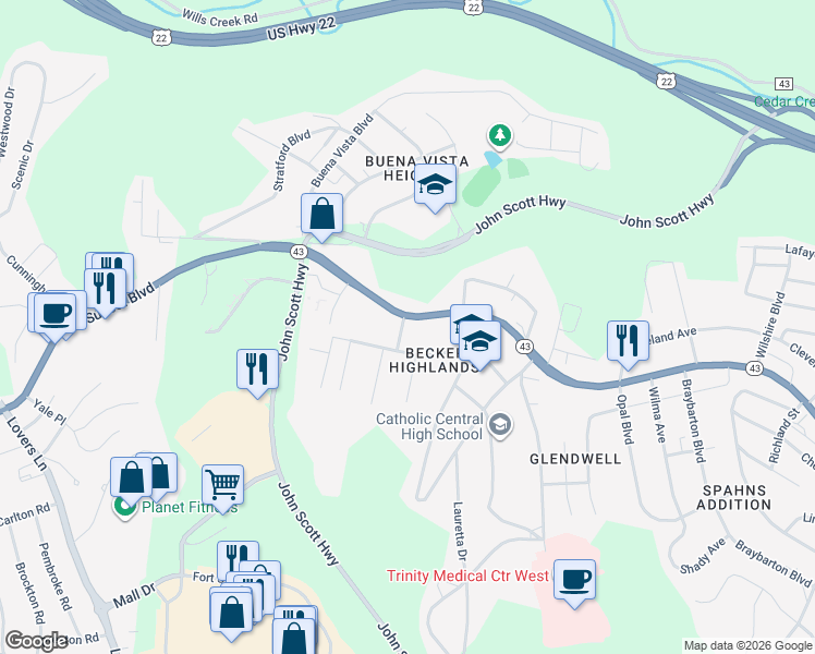 map of restaurants, bars, coffee shops, grocery stores, and more near 3272 Sunset Boulevard in Steubenville