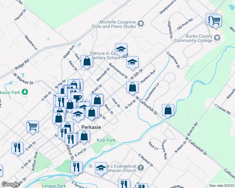 map of restaurants, bars, coffee shops, grocery stores, and more near 311 North 5th Street in Perkasie