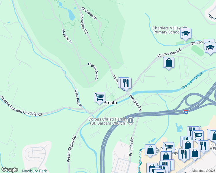map of restaurants, bars, coffee shops, grocery stores, and more near 58 Price Road in Presto
