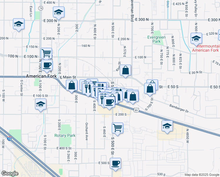map of restaurants, bars, coffee shops, grocery stores, and more near 62 South 500 East in American Fork