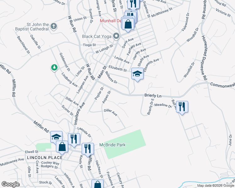 map of restaurants, bars, coffee shops, grocery stores, and more near 420 Brierly Lane in West Mifflin