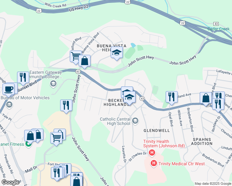 map of restaurants, bars, coffee shops, grocery stores, and more near 3256 Sunset Boulevard in Steubenville