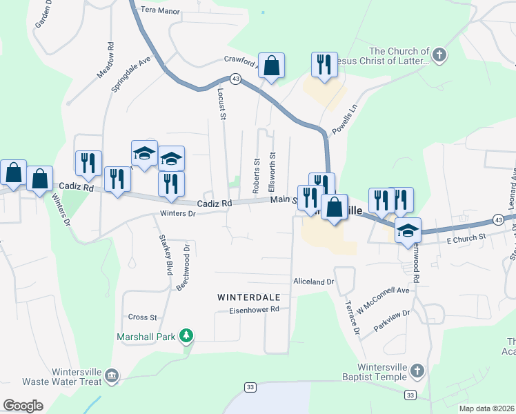 map of restaurants, bars, coffee shops, grocery stores, and more near 253 Cadiz Road in Wintersville
