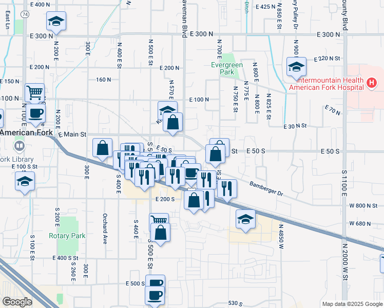 map of restaurants, bars, coffee shops, grocery stores, and more near 635 East 60 South in American Fork