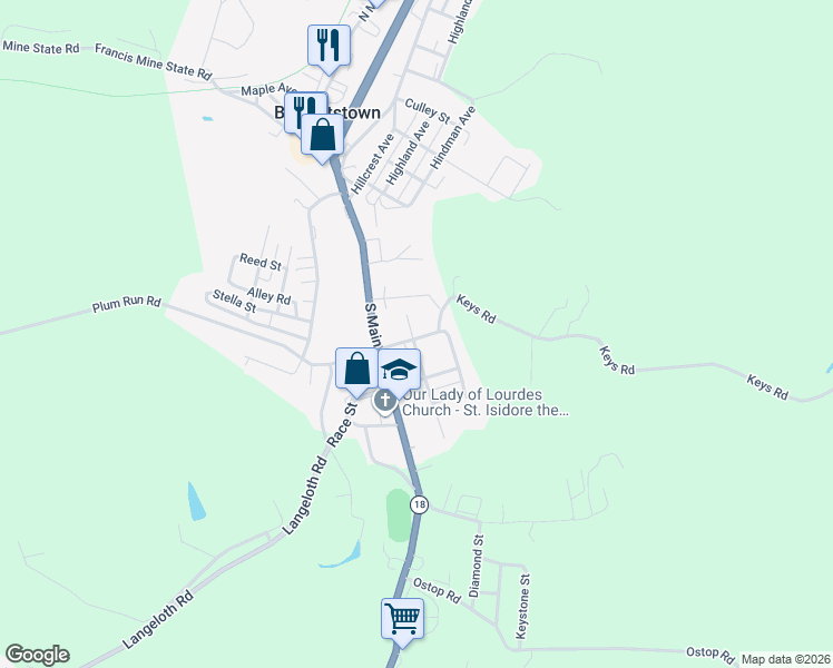 map of restaurants, bars, coffee shops, grocery stores, and more near 114 East Pittsburgh Street in Burgettstown