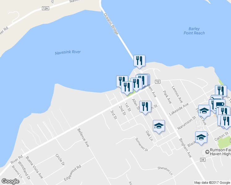 map of restaurants, bars, coffee shops, grocery stores, and more near 1 2nd Street in Rumson