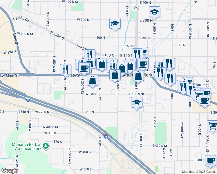 map of restaurants, bars, coffee shops, grocery stores, and more near 63 South 100 West in American Fork