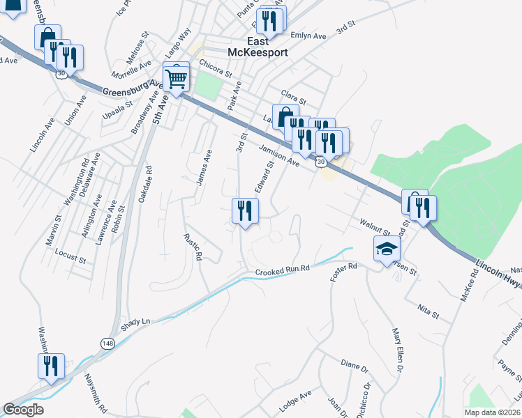map of restaurants, bars, coffee shops, grocery stores, and more near 1025 Edward Street in North Versailles
