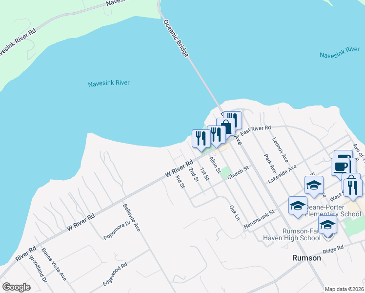map of restaurants, bars, coffee shops, grocery stores, and more near 1 2nd Street in Rumson