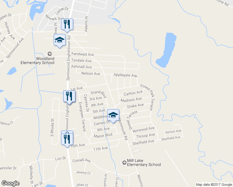 map of restaurants, bars, coffee shops, grocery stores, and more near 403 Madison Avenue in Monroe Township