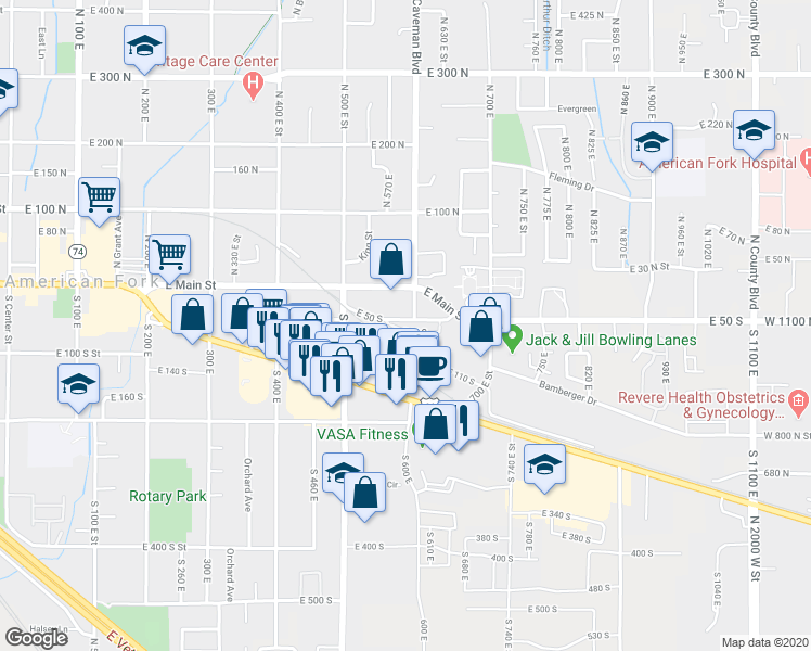 map of restaurants, bars, coffee shops, grocery stores, and more near 591 East 60 South in American Fork