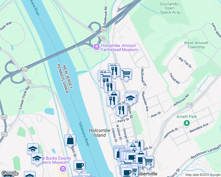 map of restaurants, bars, coffee shops, grocery stores, and more near 262 North Union Street in Lambertville