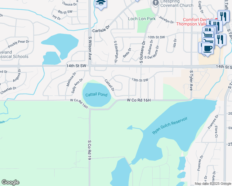 map of restaurants, bars, coffee shops, grocery stores, and more near 1635 Cattail Drive in Loveland