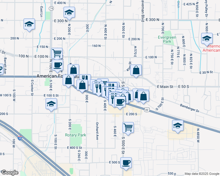 map of restaurants, bars, coffee shops, grocery stores, and more near 424 East Elm Street in American Fork
