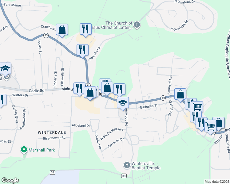 map of restaurants, bars, coffee shops, grocery stores, and more near 119 Grove Street in Steubenville