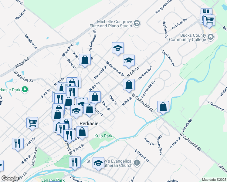 map of restaurants, bars, coffee shops, grocery stores, and more near 311 North 5th Street in Perkasie