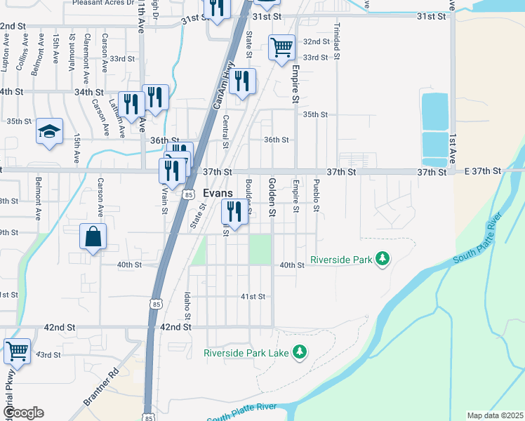 map of restaurants, bars, coffee shops, grocery stores, and more near 3805 Golden Street in Evans