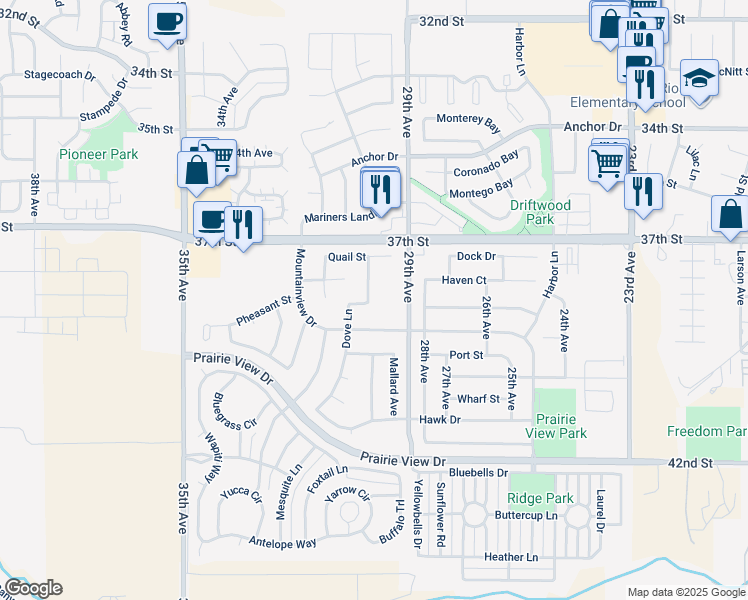 map of restaurants, bars, coffee shops, grocery stores, and more near 3814 Dove Lane in Evans