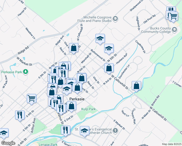 map of restaurants, bars, coffee shops, grocery stores, and more near 517 Vine Street in Perkasie
