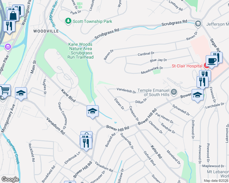 map of restaurants, bars, coffee shops, grocery stores, and more near 171 Vanderbilt Drive in Pittsburgh