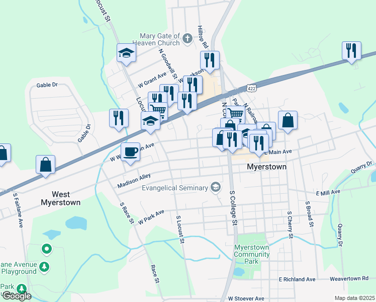 map of restaurants, bars, coffee shops, grocery stores, and more near 213 Monroe Alley in Myerstown