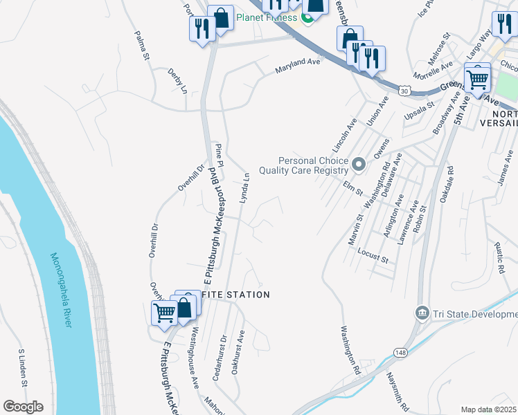 map of restaurants, bars, coffee shops, grocery stores, and more near 3290 Crestview Drive in North Versailles