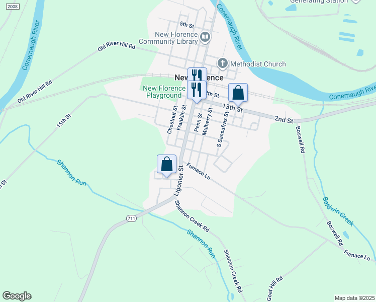 map of restaurants, bars, coffee shops, grocery stores, and more near 221 Ligonier Street in New Florence