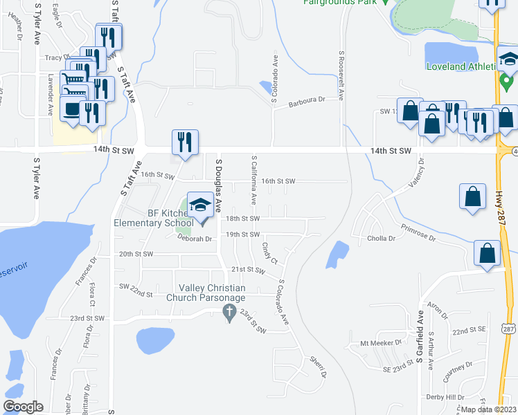 map of restaurants, bars, coffee shops, grocery stores, and more near 1738 South California Avenue in Loveland