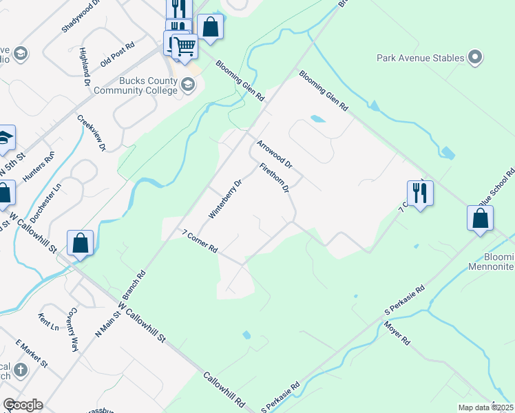 map of restaurants, bars, coffee shops, grocery stores, and more near 1407 7 Corner Road in Perkasie