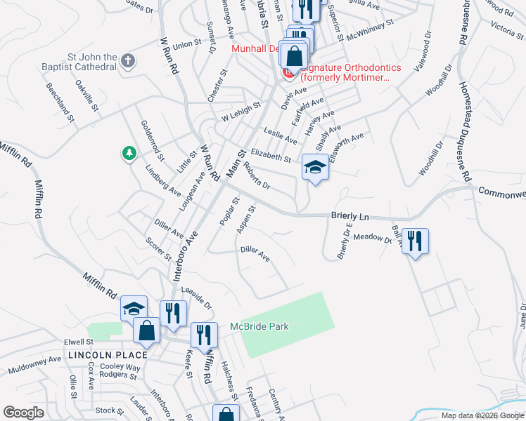 map of restaurants, bars, coffee shops, grocery stores, and more near 420 Brierly Lane in West Mifflin