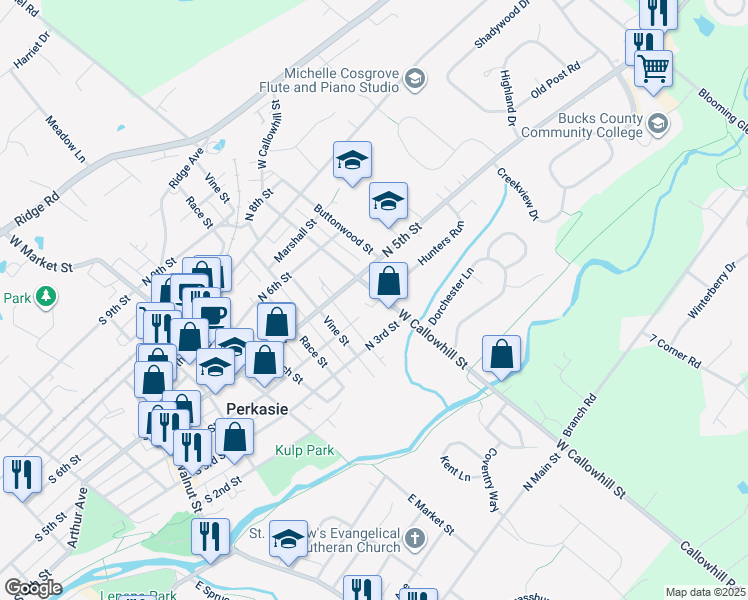 map of restaurants, bars, coffee shops, grocery stores, and more near 402 West Callowhill Street in Perkasie