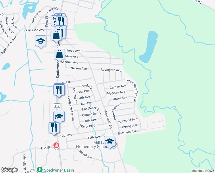 map of restaurants, bars, coffee shops, grocery stores, and more near 403 Madison Avenue in Monroe Township