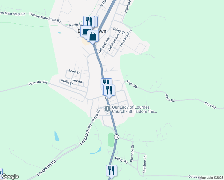 map of restaurants, bars, coffee shops, grocery stores, and more near 114 East Pittsburgh Street in Burgettstown