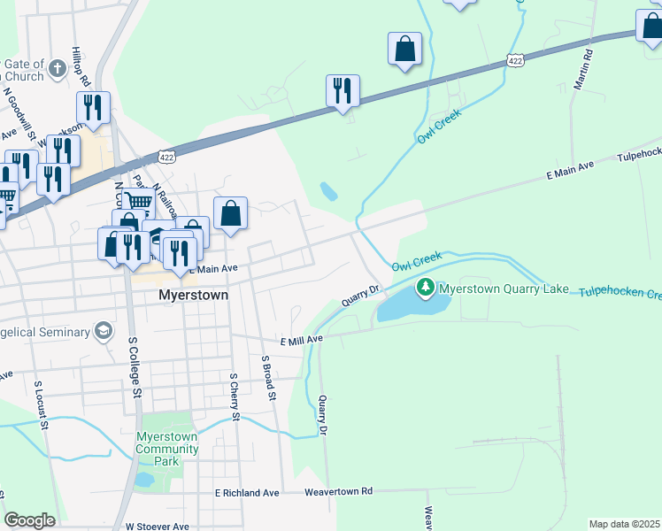 map of restaurants, bars, coffee shops, grocery stores, and more near 305 East Carpenter Avenue in Myerstown