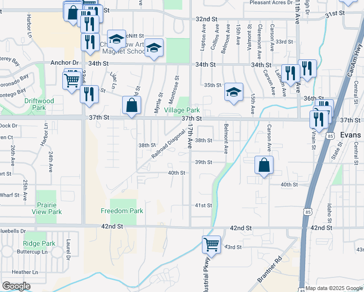 map of restaurants, bars, coffee shops, grocery stores, and more near 3801 17th Avenue in Evans
