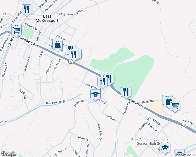 map of restaurants, bars, coffee shops, grocery stores, and more near 1320 Lincoln Hwy in North Versailles