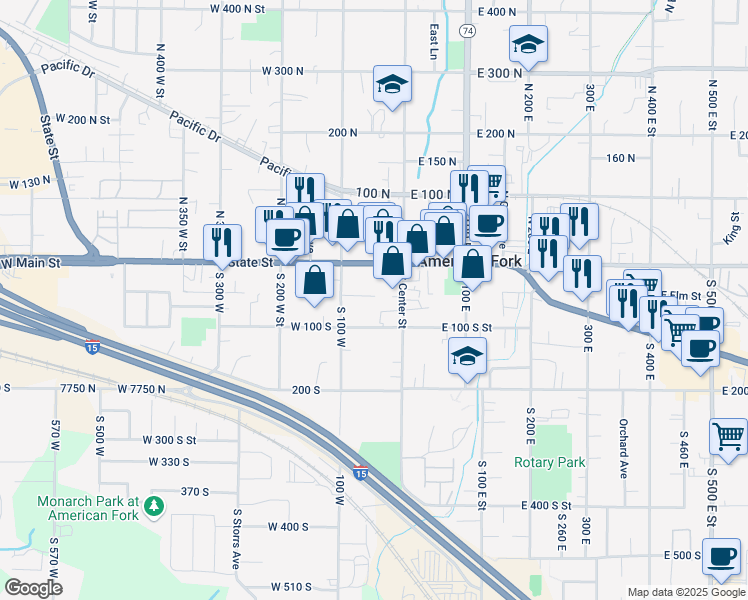 map of restaurants, bars, coffee shops, grocery stores, and more near 63 South 100 West in American Fork
