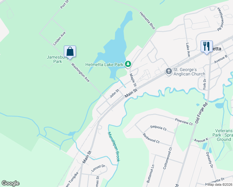 map of restaurants, bars, coffee shops, grocery stores, and more near 6 John Street in Helmetta
